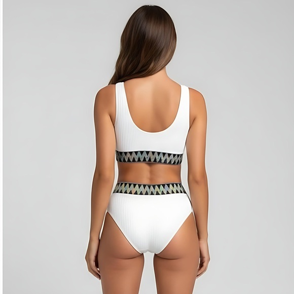 White Sparkle Chevron High Waist Bikini Swimsuit - Picture 4 of 7